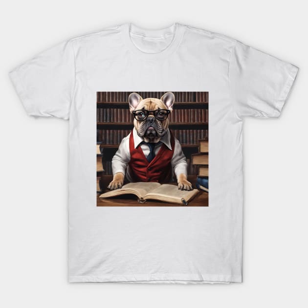 Chic French Bulldog: Hyperreal Red-Suit in Whimsical Library T-Shirt by BencDesignStudio